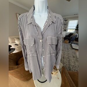 Navy and white striped button down blouse
